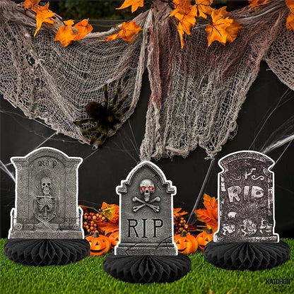 KatchOn, Halloween Tombstone Honeycombs - Pack of 12 | Halloween Table Centerpieces for Tombstone Halloween Decorations | Graveyard Tombstone Paper Honeycombs, Halloween Party Decorations