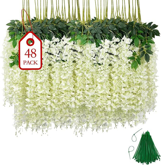 48 Pcs of Wisteria Hanging Flowers, 3.75 Ft Fake Flower Strings, Artificial Wisteria Flowers Hanging Garland for Backdrop, Wedding, Ceremony, Garden and Home Wall Decoration(White)