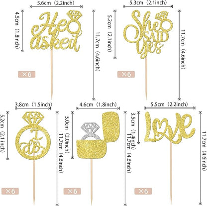 30 PCS He Asked She Said Yes Cupcake Toppers Love I Do Diamond Ring Cupcake Picks for Wedding Enaggement Bridal Shower Party Cake Decorations Supplies Gold