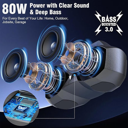 KMAG Bluetooth Speaker Wireless, 80W Loud Speaker with Deeper Bass, IPX7 Waterproof, 20H Playtime, Cool Lights, TWS, Portable Speaker for Home, Outdoor, Workshop, Party, Gift for All(Gray)