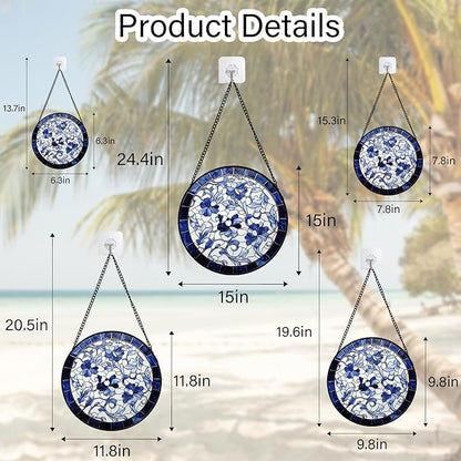 Stained Glass Window Hanging, Blue and White Abstract Flowers Sun Catcher for Door Home Decor Suncatcher Christmas Mother's Day Birthday Gifts for Women Men Mom and Nana 9.8 in