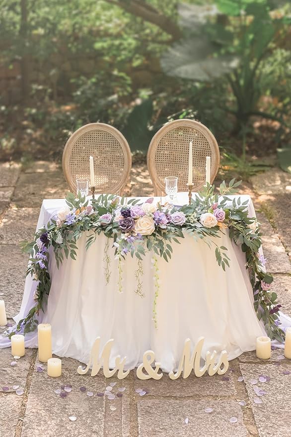 Ling's Moment 9FT Flower Garland for Backdrop Decorations - Wedding Arch Flowers, Eucalyptus & Rose, Artificial Floral Garland for Mantel - Sweetheart Table Decor for Ceremony Reception, Lilac & Gold