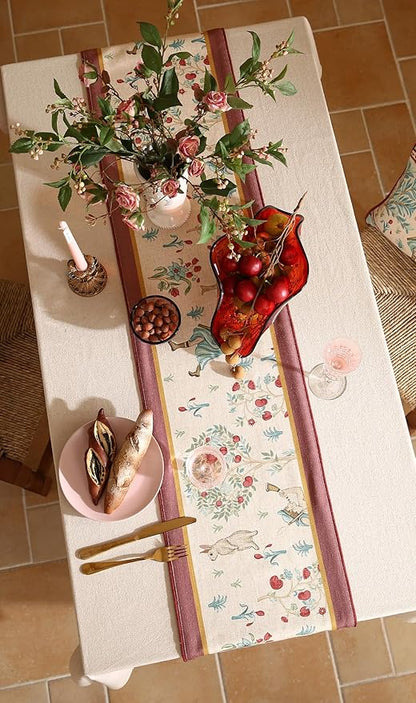 patdrea Designer Idyll Linen Extra Long Table Runner,Vintage Beige Farmhouse with Ancient Figure and Fruit Trees Pattern Table Mat, Decoration for Kitchen Dining Banquet Christmas ,12"*102"