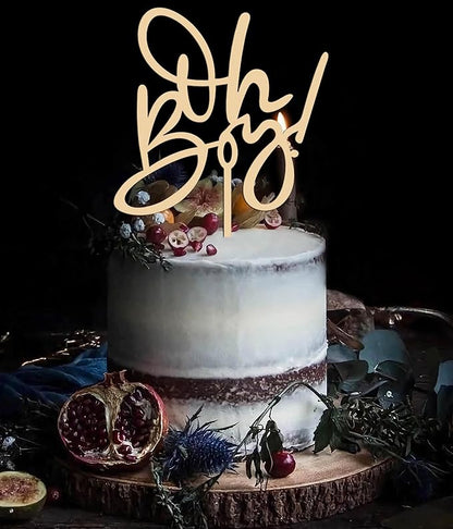 Oh Boy Cake Topper - Wooden Baby Shower Cake Decorations for First Birthday/Gender Reveals Party, Photo Booth Props