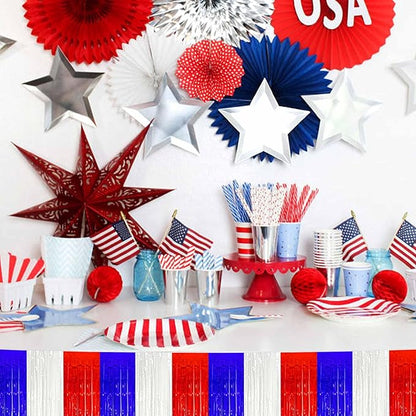 4 Pack 10 Ft White Blue Red Foil Fringe Garland Metallic Streamers Tinsel Banner Wall Hanging Garland Backdrop for Parade Floats, Halloween, Christmas, Thanksgiving, New Year Party Decorations