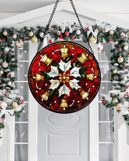 Stained Glass Window Hanging - Golden Bells Flowers Suncatcher for Doors Home Christmas Decoration Winter Sun Catcher Thanksgiving New Year Birthday Gift for Friend Women Men Mom Nana 15 in