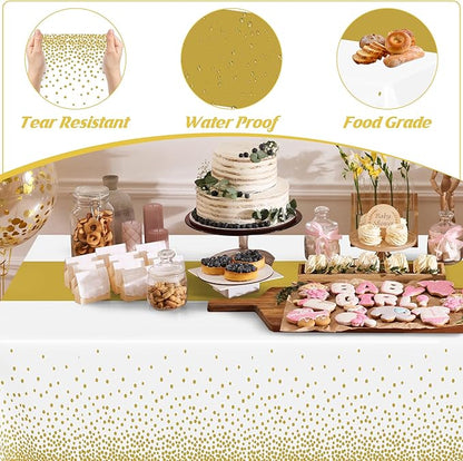 4Pack Disposable Plastic Table Cloths for Parties, 54" x 108" White and Gold Rectangle Table Covers, Waterproof Tablecloth for Rectangle Tables Suitable for New Years Eve Thanksgiving Wedding Supplies