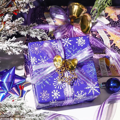 LeZakaa Christmas Purple Wrapping Paper Mini Roll, Have a Magical Christmas Cake Stand, Snowflake in Purple, Metallic Foil, Reversible Design for Winter Holiday Family Gathering, 17 inches x 32.8 Feet