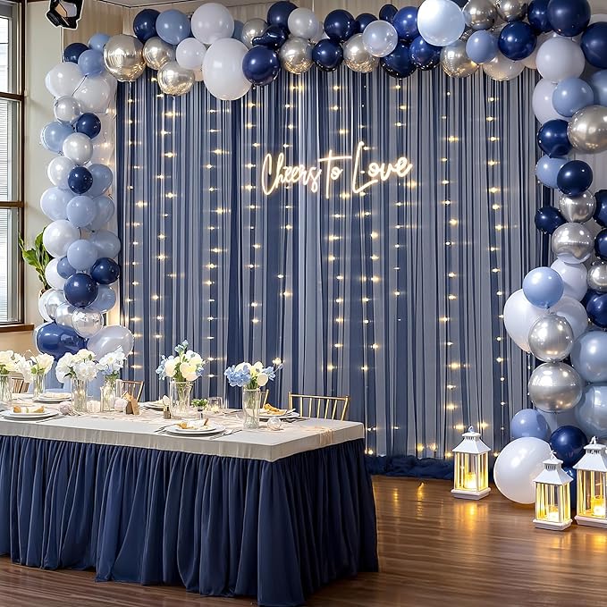 20×10ft Navy Blue Tulle Backdrop Curtain with Lights String for Parties, Sheer Photo Backdrop Curtains for Wedding Party Photography Background