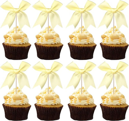 24 PCS Bow Cupcake Toppers Bow Cupcake Picks Bowknot Birthday Party Decorations Bowknot Cake Dessert Picks for Baby Shower Birthday Wedding Bridal Engagement Party Cake Decorations Supplies Yellow
