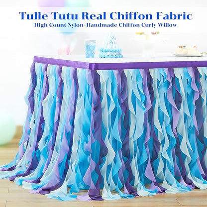 PARTISKY Mermaid Tulle Tutu Ruffle Curly Willow Table Skirt for Rectangle Table 6ft, Mermaid Themed Party Table Cloth for Girls Birthday Party or Baby Shower