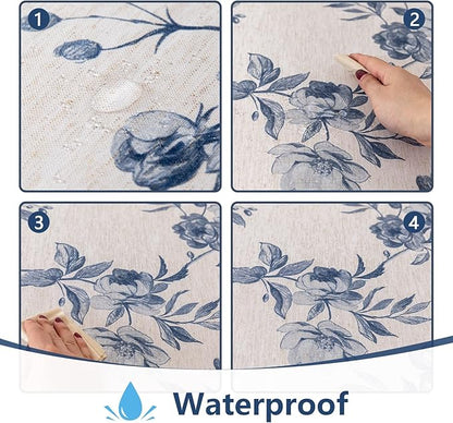 MYSKY HOME Rectangle Tablecloth 60x102 Inches, Linen Farmhouse Tablecloth Waterproof Decorative Fabric Table Cloth for Kitchen Party Floral Tablecloth for 6 Feet Table Blue and Grey Tablecloth