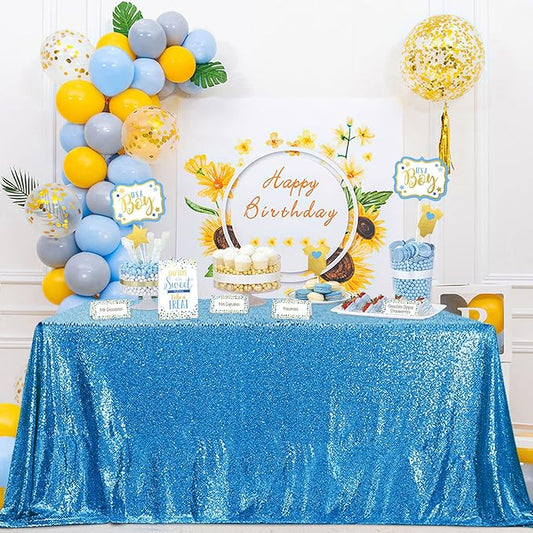 QueenDream Aqua Blue Tablecloth 90 x 156 Inch Sequin Tablecloth for Party Decorations Glitter Tablecloth for Bridal Baby Shower Wedding