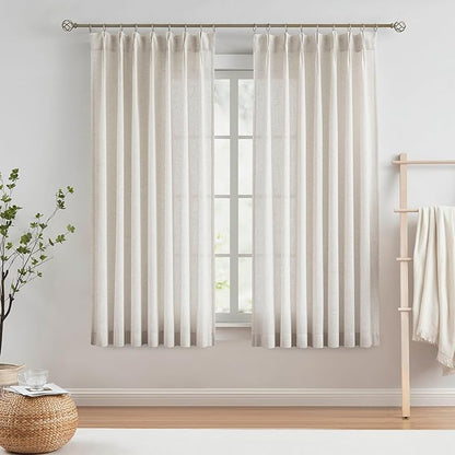 Vision Home Natural Pinch Pleated Semi Sheer Curtains Textured Linen Blended Light Filtering Window Curtains 72 inch for Living Room Bedroom Pinch Pleat Drapes with Hooks 2 Panels 42" Wx72 L