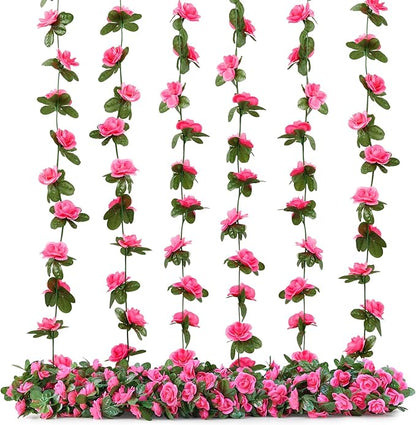 8 Pcs x 8.2 ft Flower Garland Artificial Rose Vine Flowers with Green Leaves Hanging Fake Roses Vine for Room Party Home Wedding Birthday Christmas Wall Arch Decor, Spring Magenta Flower