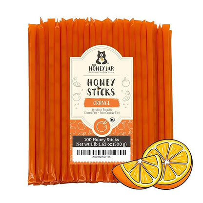 The Honey Jar Orange Flavored Honey Sticks - Pure Honey Straws For Tea, Coffee, or a Healthy Treat - One Teaspoon of Flavored Honey Per Stick - Made In The USA with Real Honey - (100 Count)