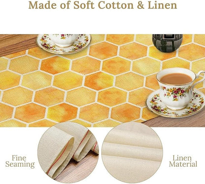 Honeycomb Bee Table Runner, Cute Abstract Geometric Yellow Honeycombs Print Table Cover for Kitchen Dining Table Indoor Outdoor Party Decor, 13x90inch
