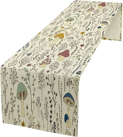 Mushroom Table Runner,Colorful Wild Plants and Fungus Botanical Plants Pattern Print Burlap for Hotel Indoors Outdoor Dining Room Kitchen Holiday Party, 13x80in
