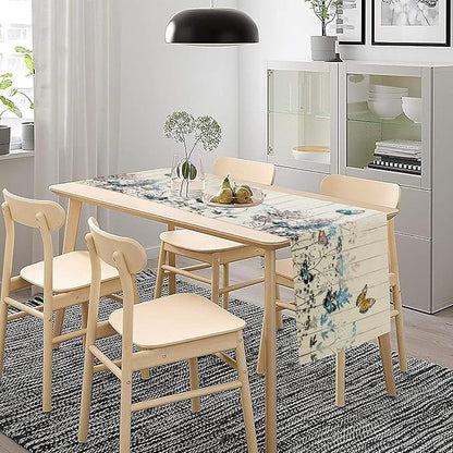 Nature Dandelion Table Runner,Rustic Floral Wood Plank Butterfly Girl Women Pattern Print Burlap Tablecloth for Hotel Indoors Outdoor Dining Room Kitchen Table Decor, 13x60in