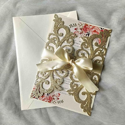 25PCS Champagne Gold Glitter Laser Cut Wedding Invitations Cards with Envelopes,Blank Inner Sheets,Ribbons for Wedding Bridal Shower Quinceañera Engagement Birthday Invites, champagne glitter