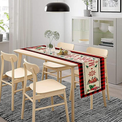 Merry Christmas Table Runner,Winter Xmas Holiday Table Cloth Kitchen Dining Table Decoration for Home Party Decor 13x90 Inch