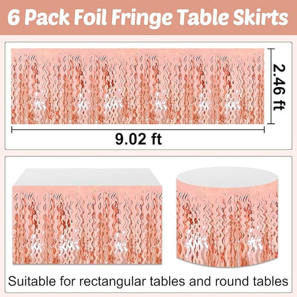 6 Pack 29x108 Inch Rose Gold Wave Foil Fringe Table Skirts Metallic Banner for Tinsel Streamer Garland Backdrop for Parade Floats Wedding, Mother's Day, Birthday Mardi Gras Party Decorations