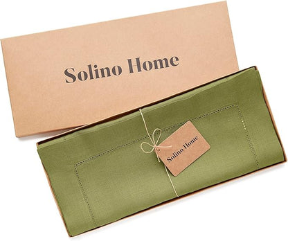 Solino Home Linen Avocado Green Table Runner 90 Inches Long - 100% Pure Linen Hemstitch 14 x 90 Inch Table Runner for Dining, Fall, Autumn, Thanksgiving - Classic Hemstitch