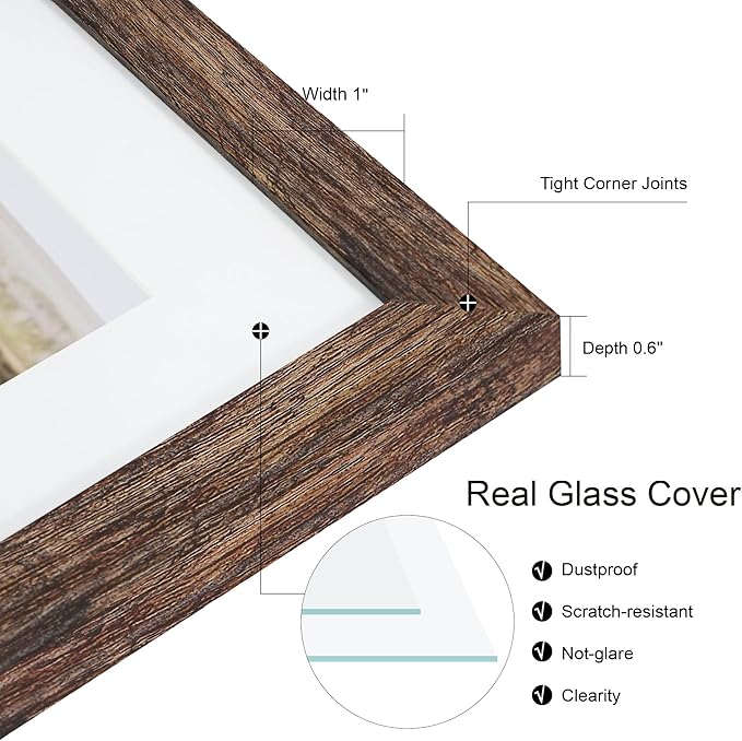 8x10 Picture Frame Set of 2, Rustic Brown Wood Frame with Glass Collage Frame, Display Pictures Two 4x6 With Mat or 8 x 10 Without Mat - Horizontal or Vertical Wall Mounting