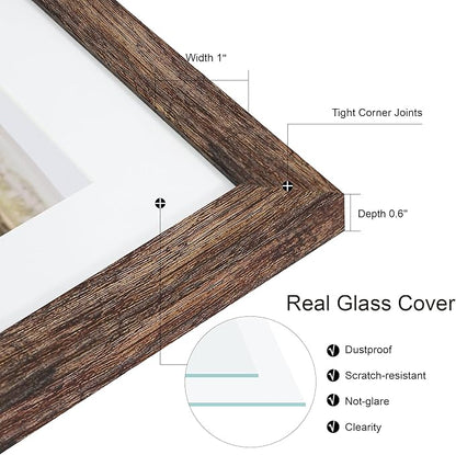 11x14 Picture Frame Set of 2, Rustic Brown Wood Frame with Real Glass Collage Picture Frames, Display Pictures Five 4x6 With Mat or 11 x 14 Without Mat, Photo Frames Wall Gallery