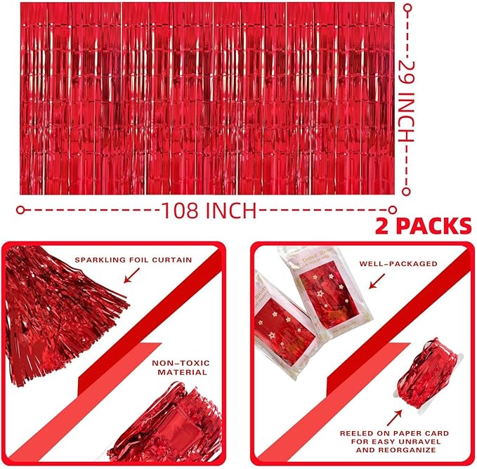 Red Streamers Party Decorations, 2 Packs Red Table Skirts Metallic Foil Fringe Tinsel for Birthday Graduation Valentine's Day Carnival Casino Wedding Float Parade Party Supplies - 29x108 Inch