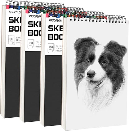 Soucolor Artist 9x12 Sketch Book Set, 4 Pack 100-Sheet Spiral Drawing Pads (68lb/100gsm) | Acid-Free Drawing Paper for Teens, Adults Classroom Art Supplies, Charcoal, Graphite, Pastel Pencils & Sticks