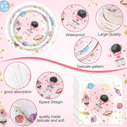 452 Pcs Pink Space Birthday Decorations for 50, Star Astronaut Paper Plates Napkins Cups Moon Tablecloth Cutlery Straws for Solar System Planets Baby Shower Party Supplies Decorations