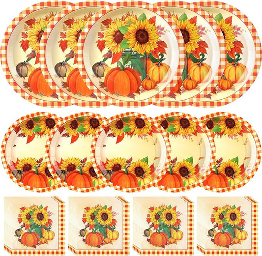 Sunflower Plates and Napkins Set for 50 Guests – Disposable Fall Party Supplies, Pumpkin Design for Sunflower Thanksgiving Party Decoration
