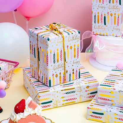 Yarcony Birthday Candle Wrapping Paper Roll - 17Inch X 33Feet - Elegant Rainbow Gold Foil Candles Gift Wrap Paper for Girl's Birthday, Christmas, Holiday, Party and Sophisticated Celebration