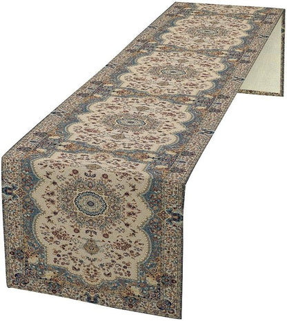 Boho Bohemia Style Table Runner, Vintage Blue Teal Gold Retro Flower Rustic Country Style Floral Print Pattern for Home Kitchen Table Decor Dining Coffee Room Garden Party Decor 13x108in