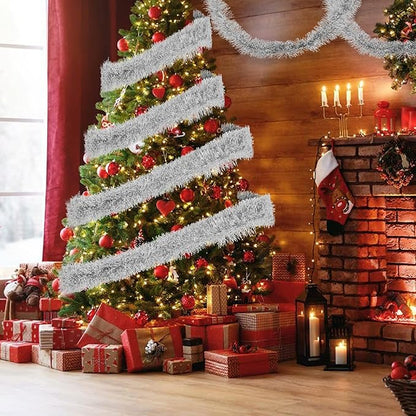32.8 Ft Silver Christmas Tinsel Garland Metallic Shiny Tassle Banner Wall Hanging Tinsel Streamers Backdrop for Christmas Holiday Birthday Supplies Indoor Outdoor Ornaments Home Decor