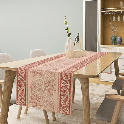 Pink Paisley Table Runner, Abstract Vintage Boho Paisley Flowers Leaves Print Table Runner for Home Kitchen Dining Room Wedding Party Decor, 13x60inch