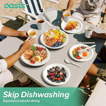 350PCS Disposable Paper Dinnerware Set for 50 Guests, Compostable 50 Dessert Plates, 50 9 inch Plates, 50 Cups, 50 Spoons, 50 Forks, 50 Knives and 50 Napkins, Perfect for Parties(White)