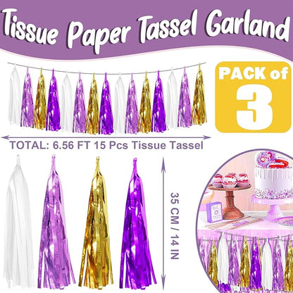 3P Purple-Gold Party Decoration Tassel Garland, Tassels Banner Streamers for Parade Floats, Bachelorette, Wedding, Birthday, Halloween, Christmas, Bridal/Baby Shower Party Decorations