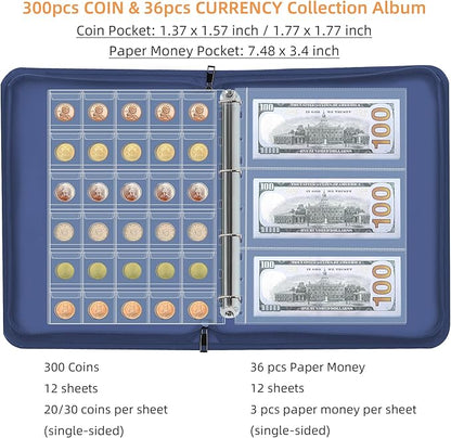 Coin Collection Book Holder for Collectors, 300 Pockets Fireproof Coins Collecting Album & 36 Sleeves Money Storage Case for Coin Currency Collection Supplies, Bill, Pennies, Quarters, Stamp,Blue
