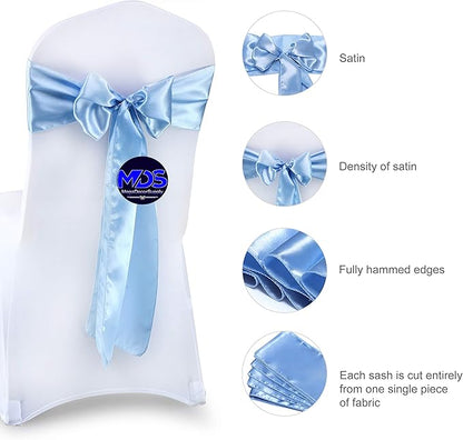 MDS Pack of 150 PCS Satin Chair Sashes Charmeuse Sateen Dining Chair Bows Ribbon Ties Back Sash for Wedding Party Birthday Home Hotel Restaurant Banquet Decoration (7 x 108 Inch, Baby Blue)