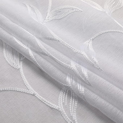 VISIONTEX Sheer Curtains 120 inch Length 2 Panels Set, White Voile Crushed Vine Leaves Embroidery, Rod Pocket Embroidered Window Drapes for Living Room and Bedroom, 54" x 120"