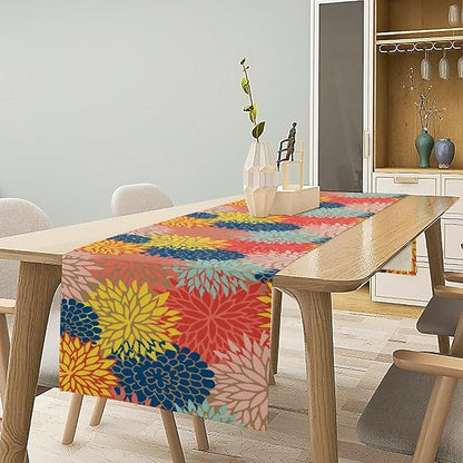 Dahlia Flowers Table Runner Colorful Floral Teal Grey Pink Yellow Blue Abstract Table Runner Kitchen Dining Party Decor Living Room, 13x60 Inch
