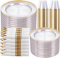SUT 350 Pcs Gold and Clear Plastic Dinnerware Set for 50 Guests, Include: 50 Dinner Plates, 50 Dessert Plates, 50 Pre Rolled Napkins With Silverware, 50 Cups, Disposable Plates for Party, Wedding