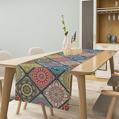 Boho Bohemian Table Runner, Vintage Indian Floral Print Table Cover for Farmhouse Kitchen Dining Table Decor Holiday Party, 13x108inch