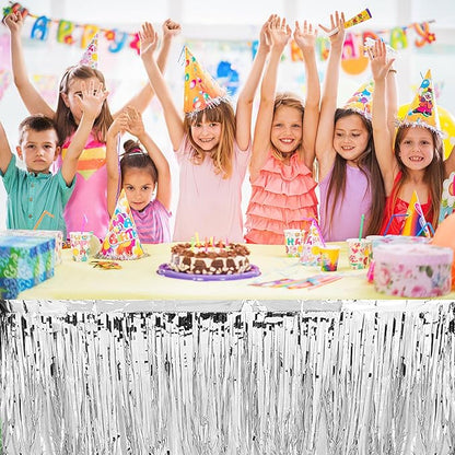 4 Pack Metallic Foil Fringe Tinsel Table Skirts,29x108 Inch Party Disposable Table Skirt Banner for Hotel Banquet Parade Floats Mardi Gras Holiday Birthday Wedding New Year Party Decoration(Silver)