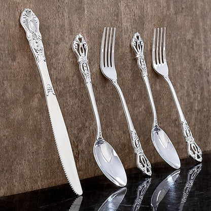 40PSC Silver Plastic Cutlery - Vintage Silver Disposable Silverware - Heavyweight Plastic Utensils with 20 Forks, 10Knives, 10 Spoons For Catering, Parties, Dinners and Weddings