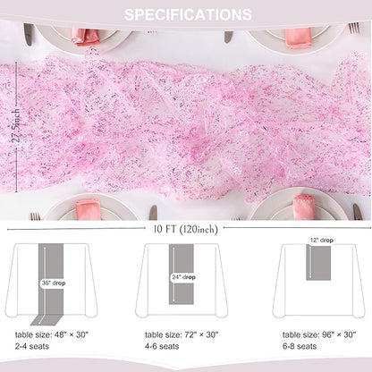 Snowkingdom 10 FT Pink Table Runner, Sequin Glitter Sheer Chiffon Gauze Cheesecloth Pastel Runner 120 Inch , Pink Party Table Decoration for Birthday Wedding Bridal Baby Shower Spring Summer Holiday