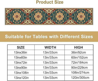 Boho Rich Table Runner, Vintage Blue Teal Gold Retro Flower Rustic Country Style Floral Print Pattern for Home Kitchen Table Decor Dining Coffee Room Garden Party Decor 13x72in
