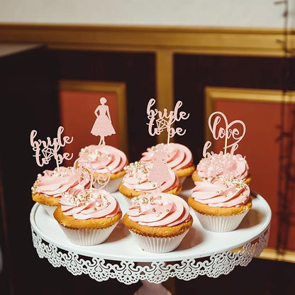 Sotpot 24PCS Bride to Be Cupcake Toppers with Heart Rose Gold Glitter Dress Bridal Shower Cupcake Picks for Wedding Bridal Shower Wedding Engagement Party Cake Decorations